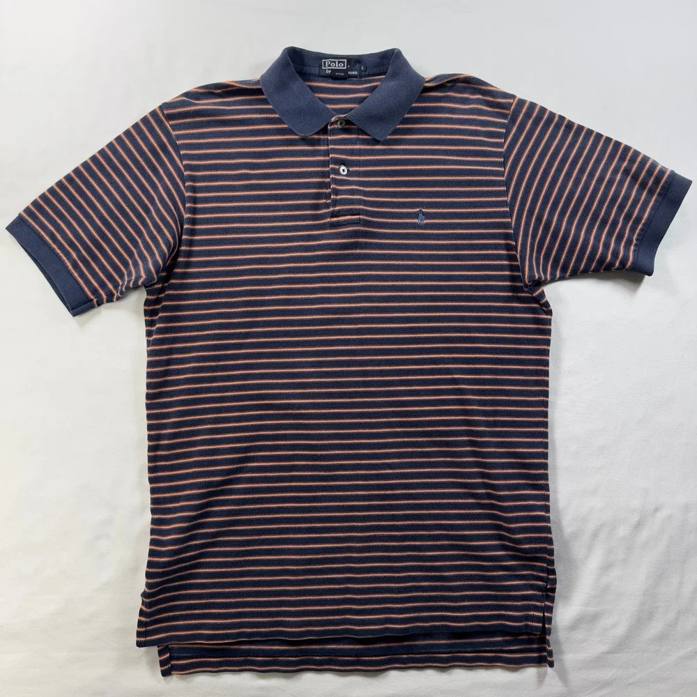 Polo Ralph Lauren Shirt Men's Large Navy Orange Striped Golf Cotton Short Sleeve